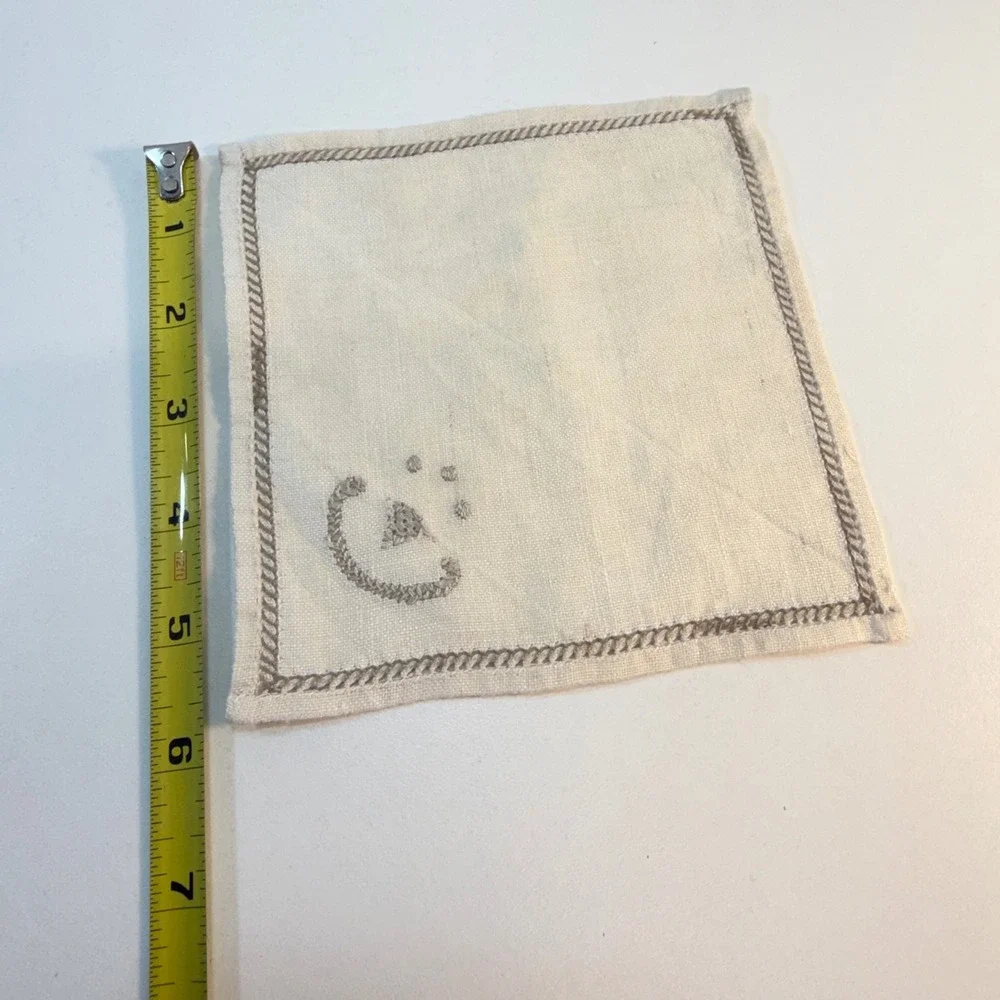 Vintage Set of 6 Linen Paw Print Embroidered Cocktail‎ Napkins Coasters Cream